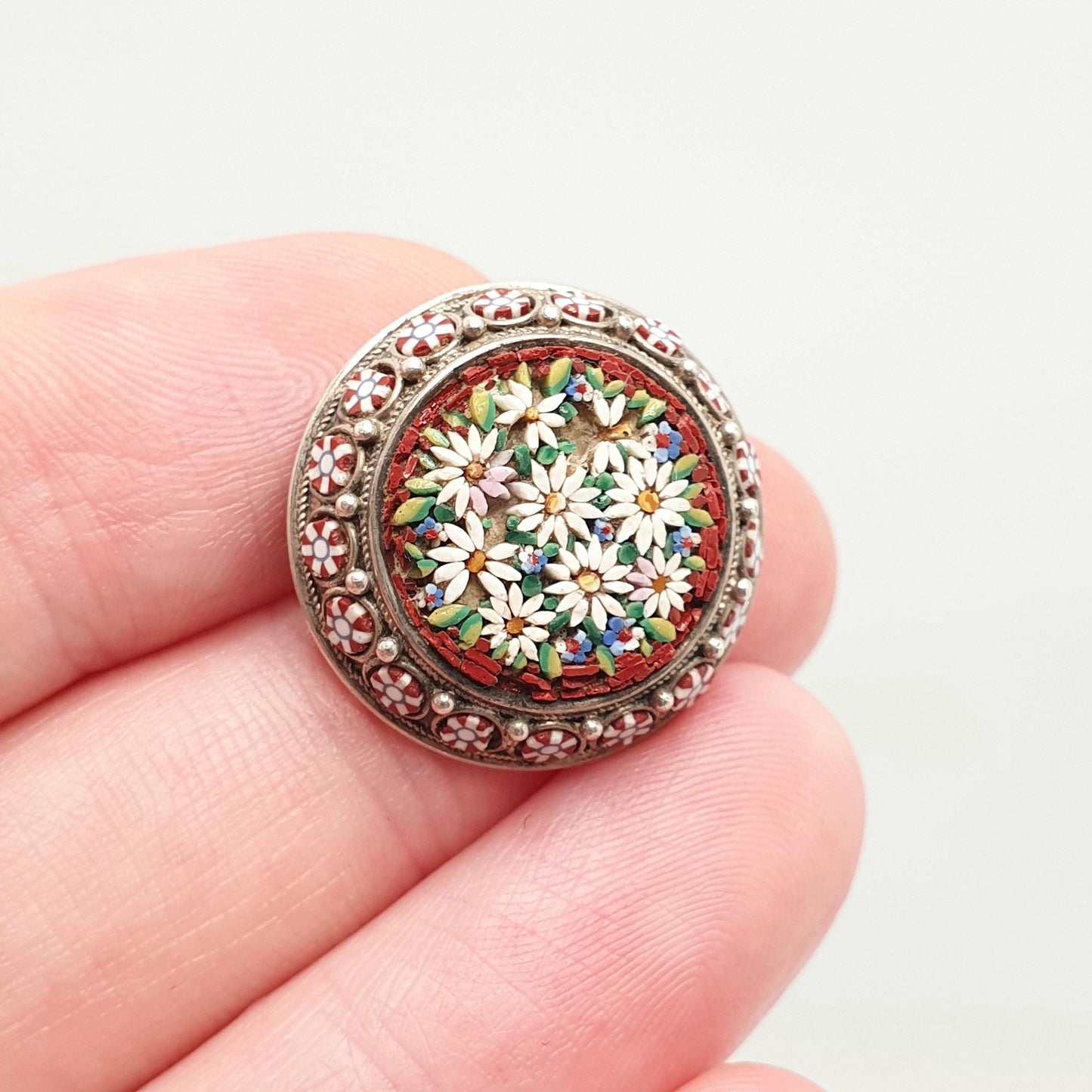 Antique Solid Silver Micro Mosaic Brooch Victorian Micromosaic Tiles Red Flower Millefiori 1800s Vintage Jewelry Jewellery