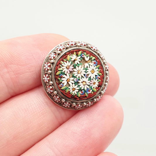 Antique Solid Silver Micro Mosaic Brooch Victorian Micromosaic Tiles Red Flower Millefiori 1800s Vintage Jewelry Jewellery