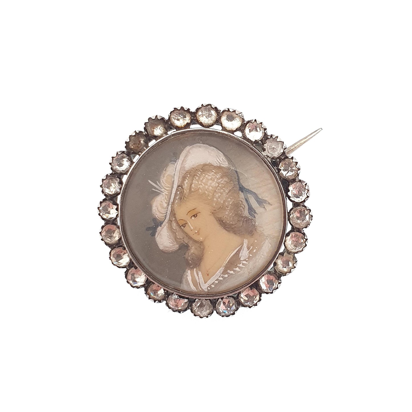 Antique Victorian Hand Painted Diamond Paste Solid Silver Brooch Portrait Picture Painting 1889 Vintage Fine Jewelry Jewellery