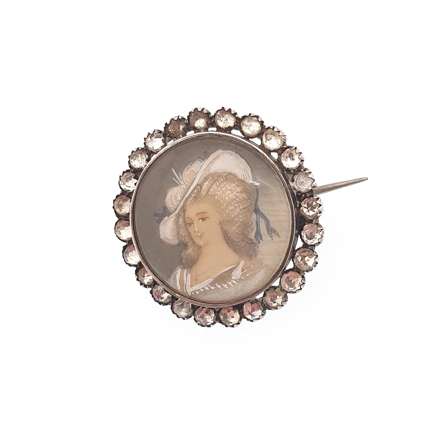 Antique Victorian Hand Painted Diamond Paste Solid Silver Brooch Portrait Picture Painting 1889 Vintage Fine Jewelry Jewellery