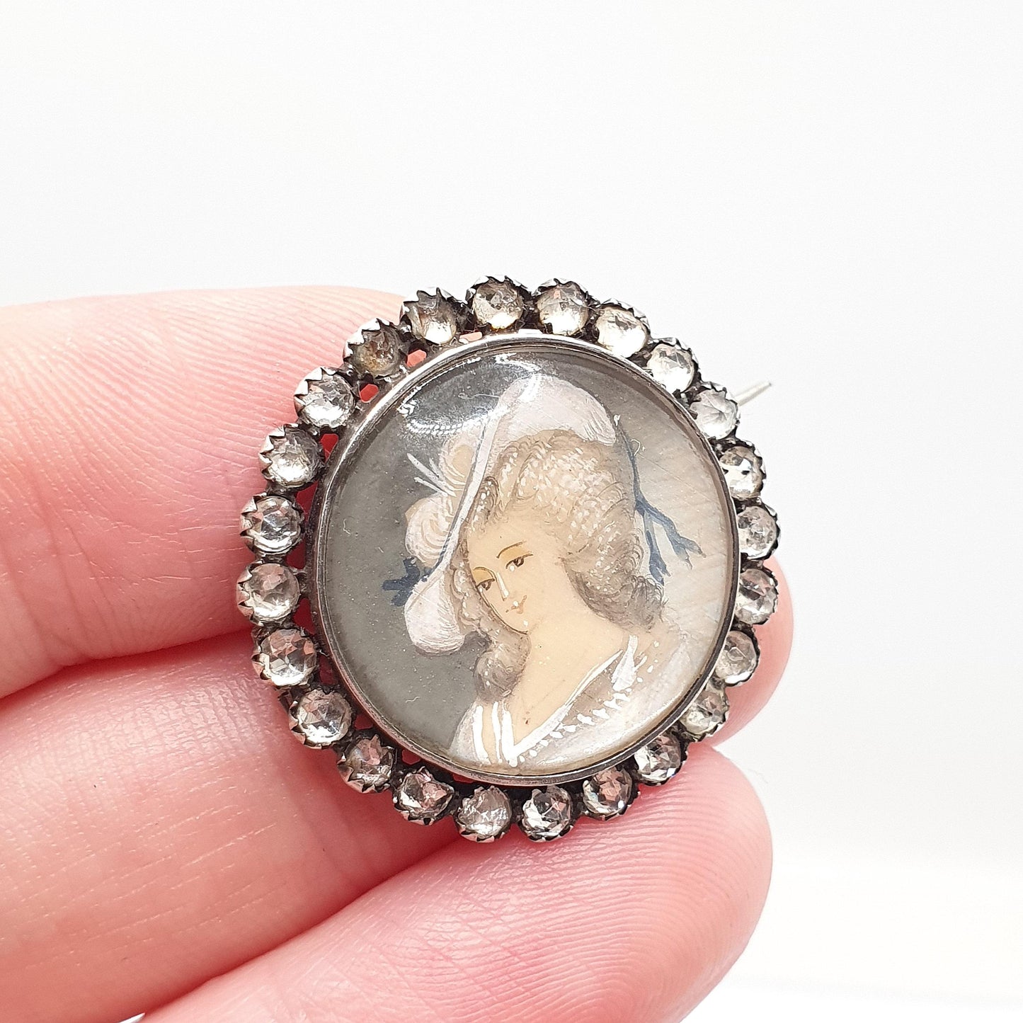 Antique Victorian Hand Painted Diamond Paste Solid Silver Brooch Portrait Picture Painting 1889 Vintage Fine Jewelry Jewellery