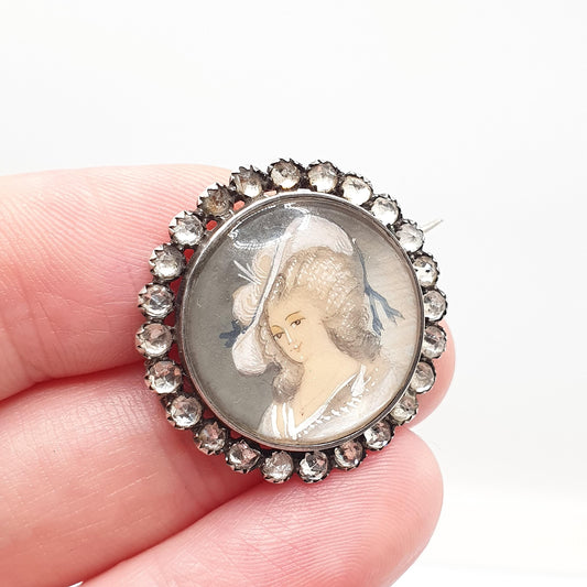 Antique Victorian Hand Painted Diamond Paste Solid Silver Brooch Portrait Picture Painting 1889 Vintage Fine Jewelry Jewellery