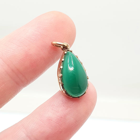 Antique Art Deco 9ct Gold Chrysoprase Pendant Necklace Solid 9k 375 Pear Cabochon 1920s Vintage Green Gemstone Jewelry Jewellery