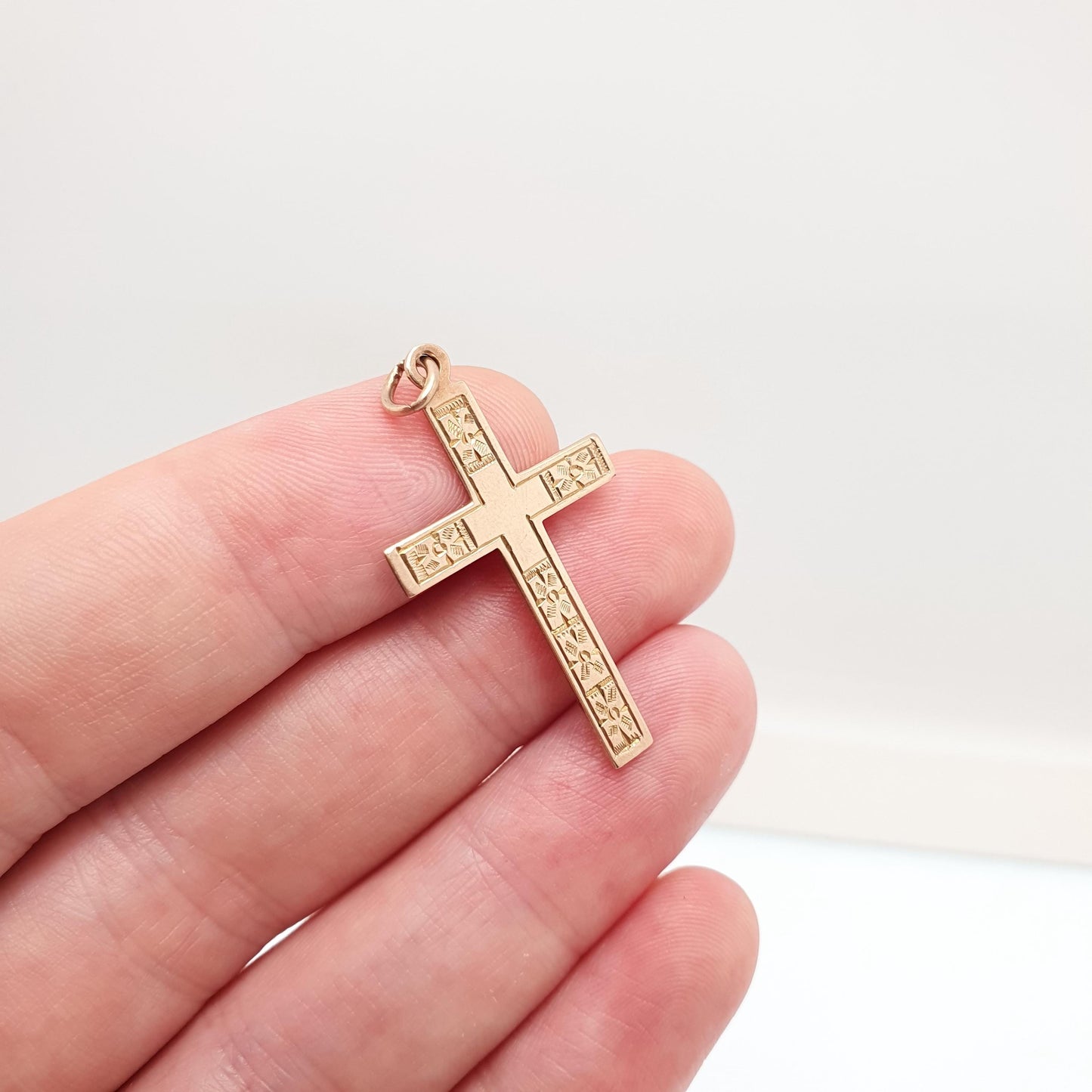 Antique 9ct 9k Rose Gold Crucifix Necklace Cross Pendant Etched Engraved Solid 375 Vintage Christian Jewellery Jewelry