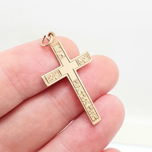 Antique 9ct 9k Rose Gold Crucifix Necklace Cross Pendant Etched Engraved Solid 375 Vintage Christian Jewellery Jewelry
