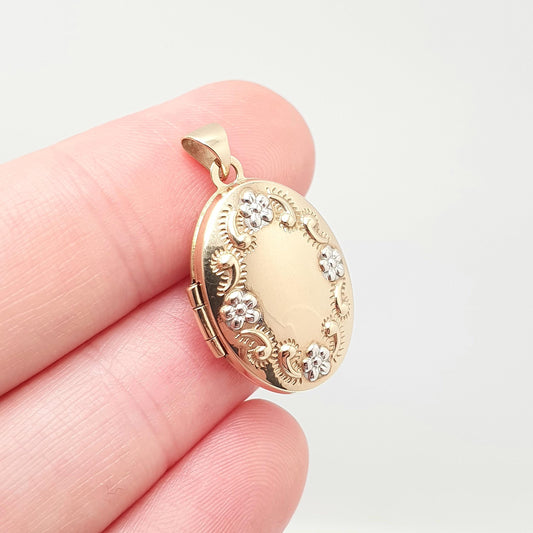Vintage Solid 9ct 9k Gold Locket Oval All 375 9 Carat Gold Flower Embossed Necklace Photo Picture Pendant