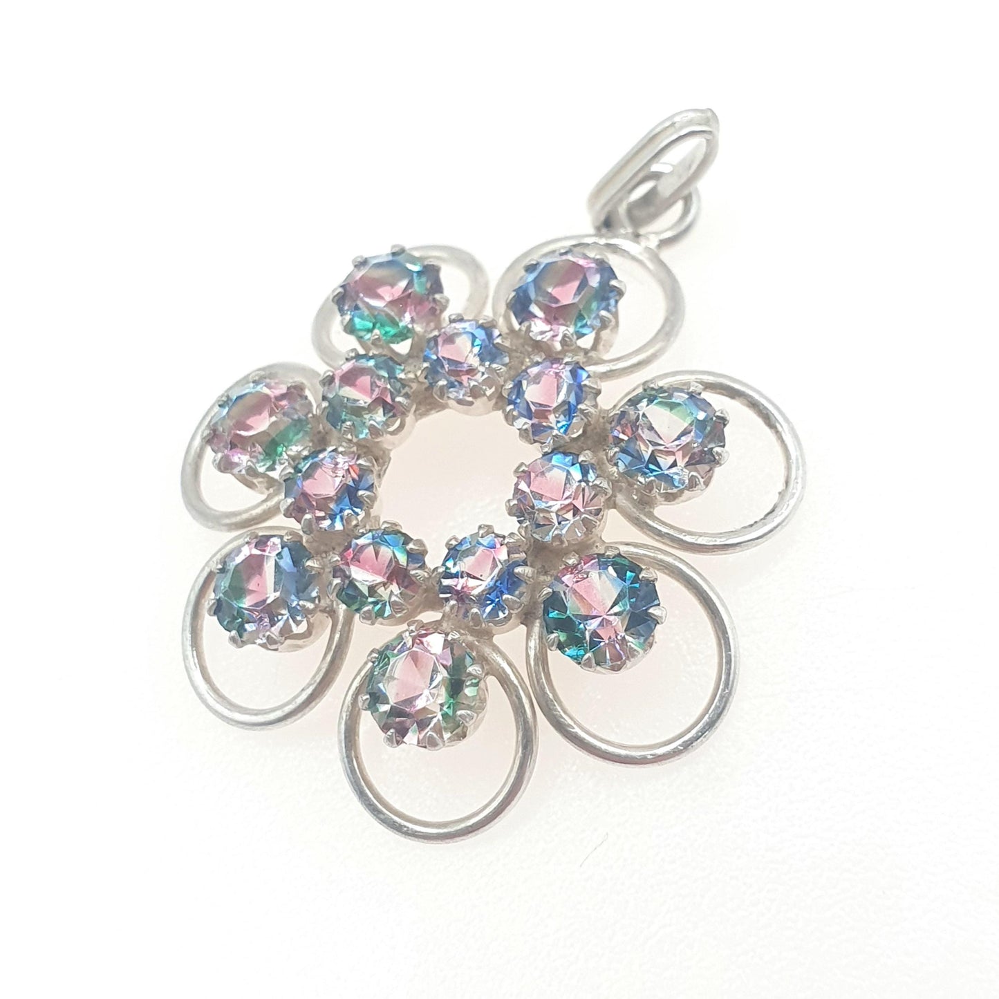 RESERVED/SOLD DON Old Vintage Solid Silver Iris Rainbow Glass Pendant Cluster Tutti Fruiti Necklace Multi Coloured 1950’s