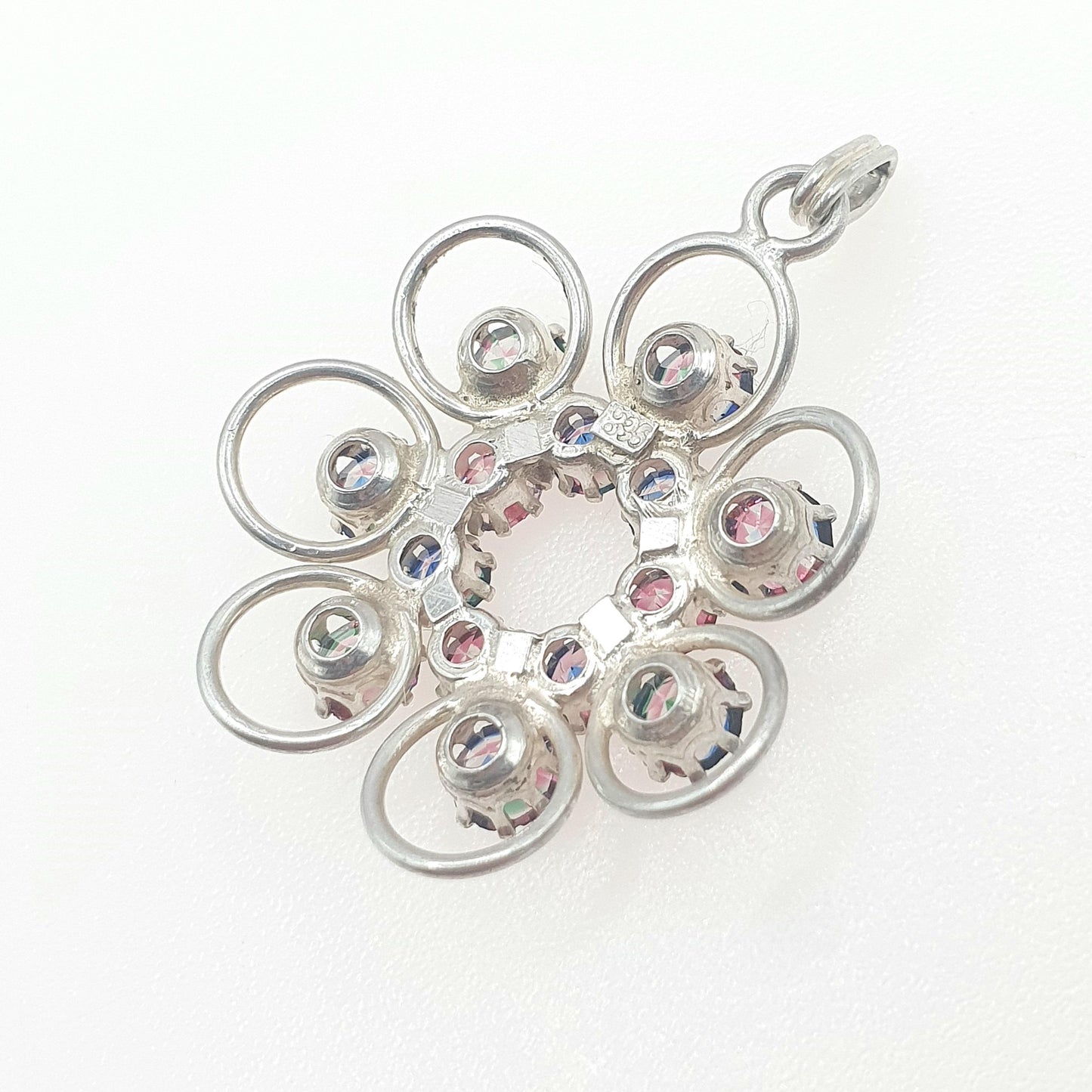 RESERVED/SOLD DON Old Vintage Solid Silver Iris Rainbow Glass Pendant Cluster Tutti Fruiti Necklace Multi Coloured 1950’s