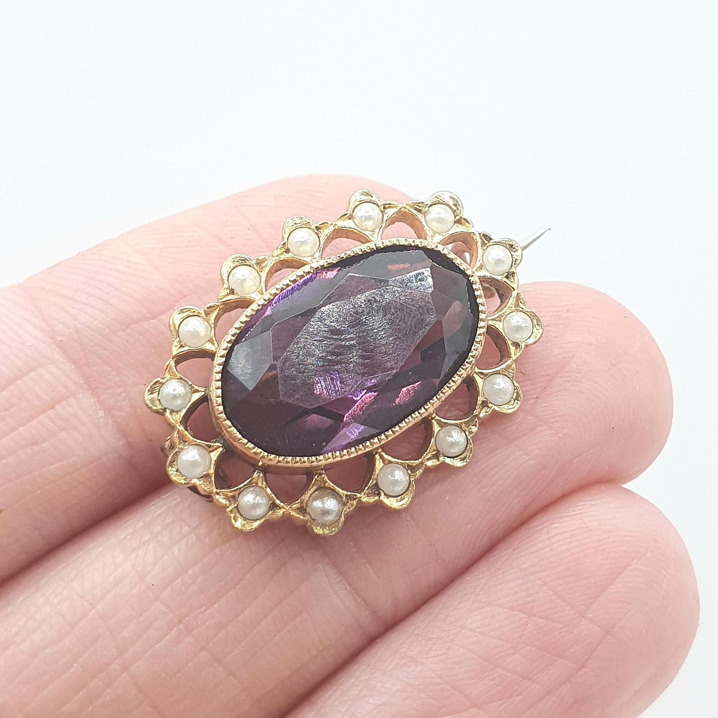 Antique Victorian Rolled Gold Amethyst Paste & Seed Pearl Brooch Oval Cut Gold Filled Purple Womens Ladies Vintage Jewelry Jewellery