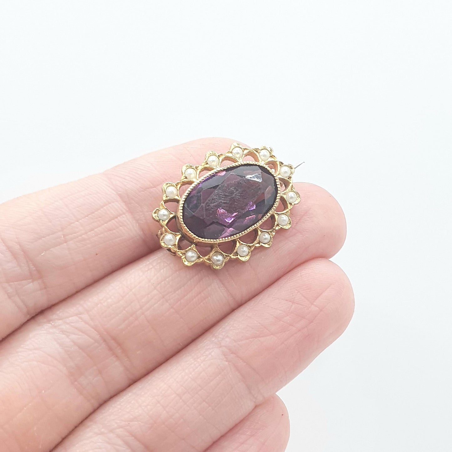 Antique Victorian Rolled Gold Amethyst Paste & Seed Pearl Brooch Oval Cut Gold Filled Purple Womens Ladies Vintage Jewelry Jewellery