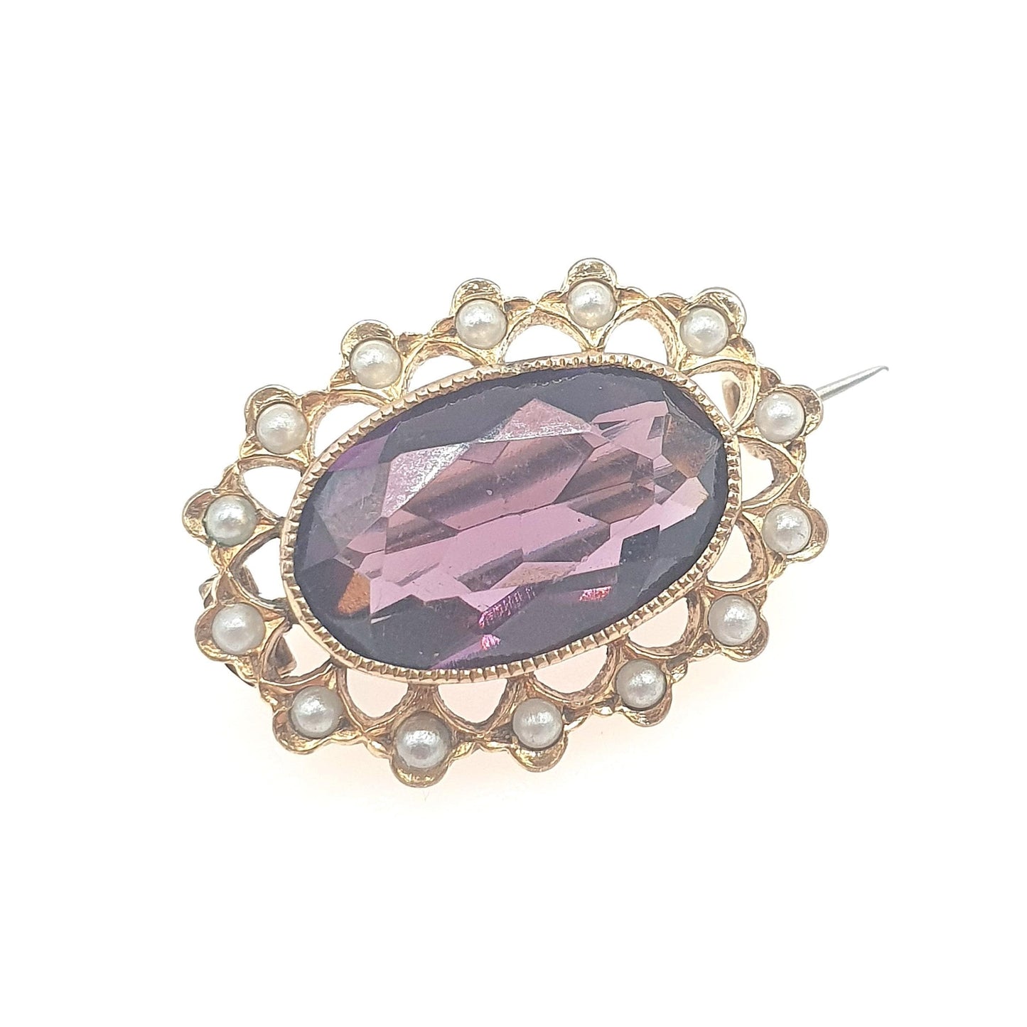 Antique Victorian Rolled Gold Amethyst Paste & Seed Pearl Brooch Oval Cut Gold Filled Purple Womens Ladies Vintage Jewelry Jewellery