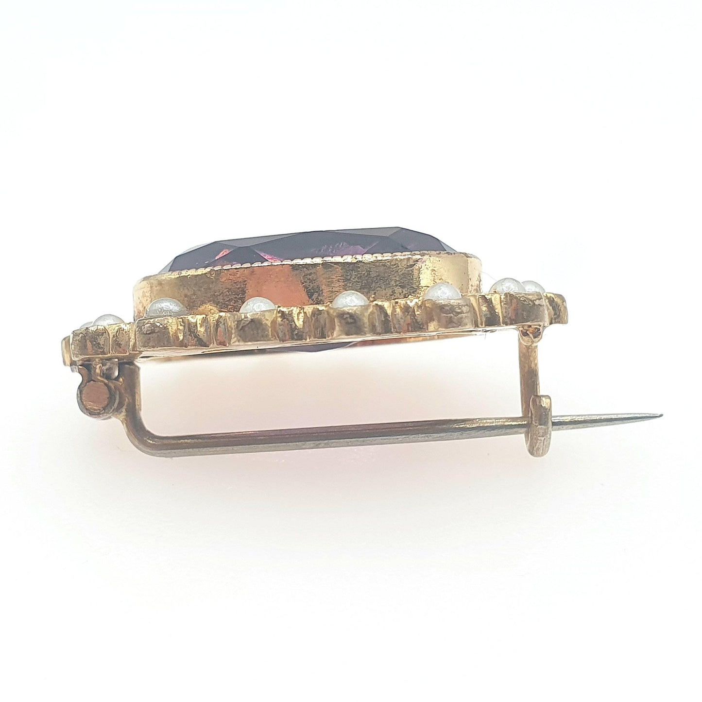 Antique Victorian Rolled Gold Amethyst Paste & Seed Pearl Brooch Oval Cut Gold Filled Purple Womens Ladies Vintage Jewelry Jewellery
