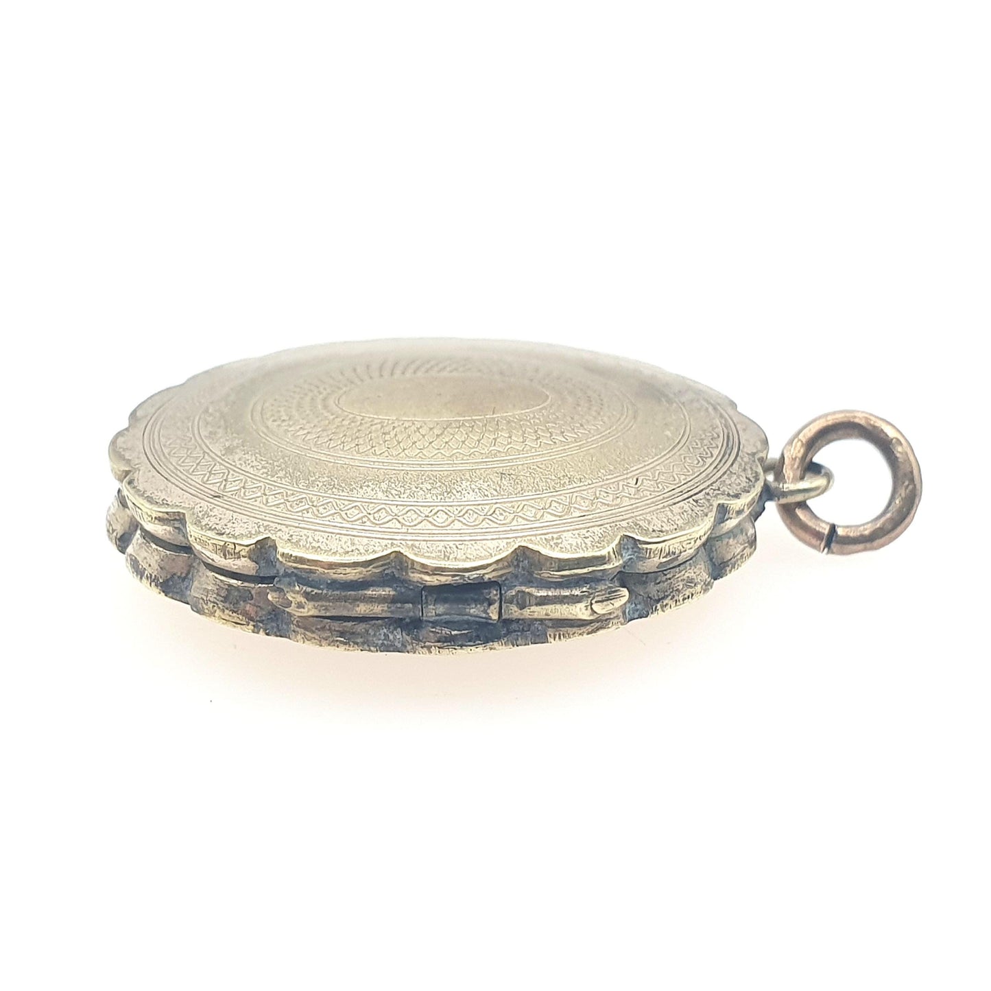 Antique Victorian Gold Tone Locket Necklace Pendant Photo Oval Base Metal Engine Turned Pattern Vintage Womens Ladies Jewellery Jewelry