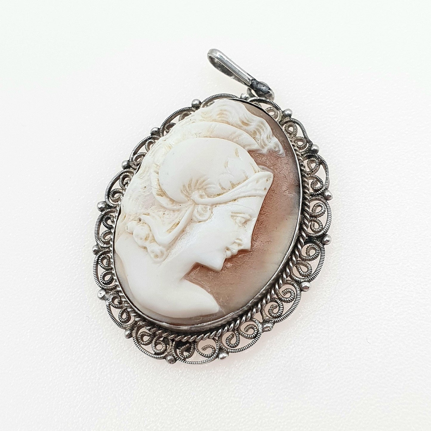 Antique Solid Silver Centurion Cameo Pendant Necklace Roman Soldier Filigree Border Handcarved Shell Vintage Women’s Jewellery Jewelry Men’s