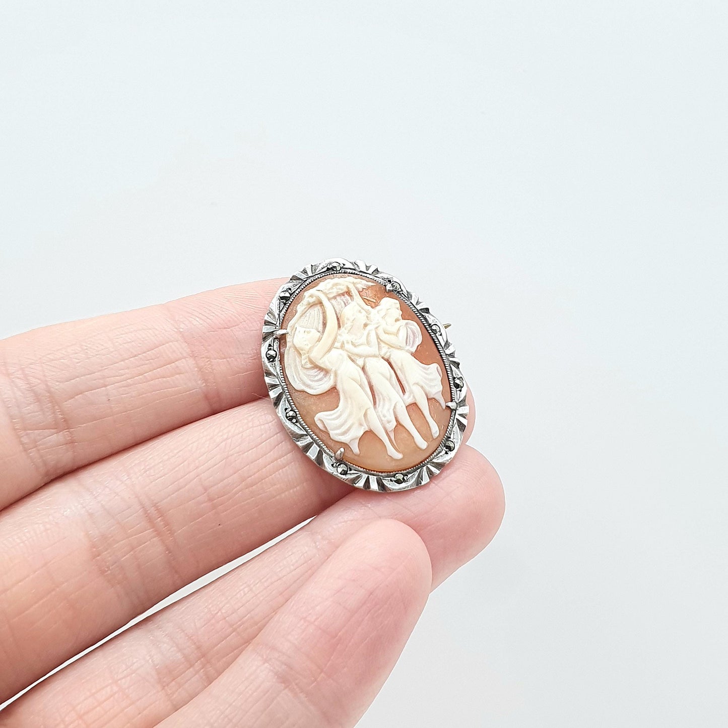 Antique Solid Silver Three Graces Cameo Brooch Pendant Necklace Art Deco Marcasite Hand Carved Shell Jewelry Jewellery Men’s Women