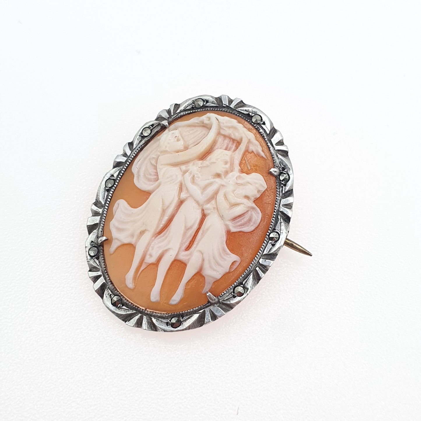 Antique Solid Silver Three Graces Cameo Brooch Pendant Necklace Art Deco Marcasite Hand Carved Shell Jewelry Jewellery Men’s Women