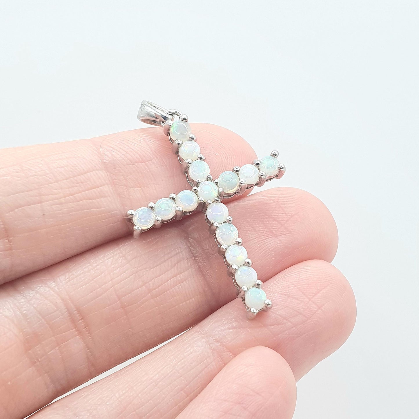 Vintage Sterling Silver Opal Cross Crucifix Pendant TGGC Real White Opals Necklace Catholic Christian Jewellery Jewelry Vintage Womens