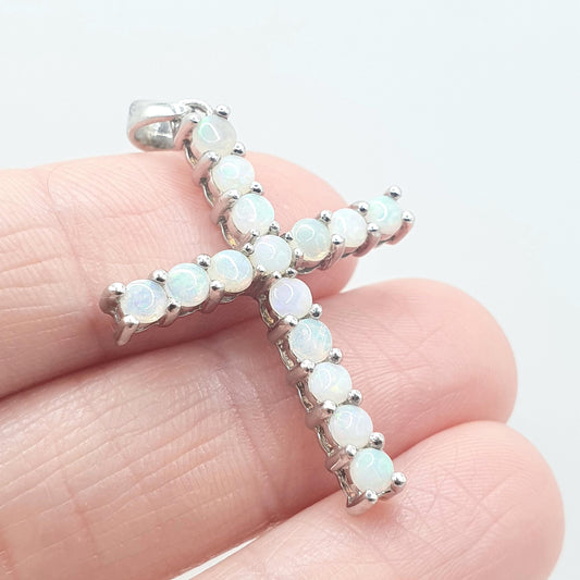 Vintage Sterling Silver Opal Cross Crucifix Pendant TGGC Real White Opals Necklace Catholic Christian Jewellery Jewelry Vintage Womens