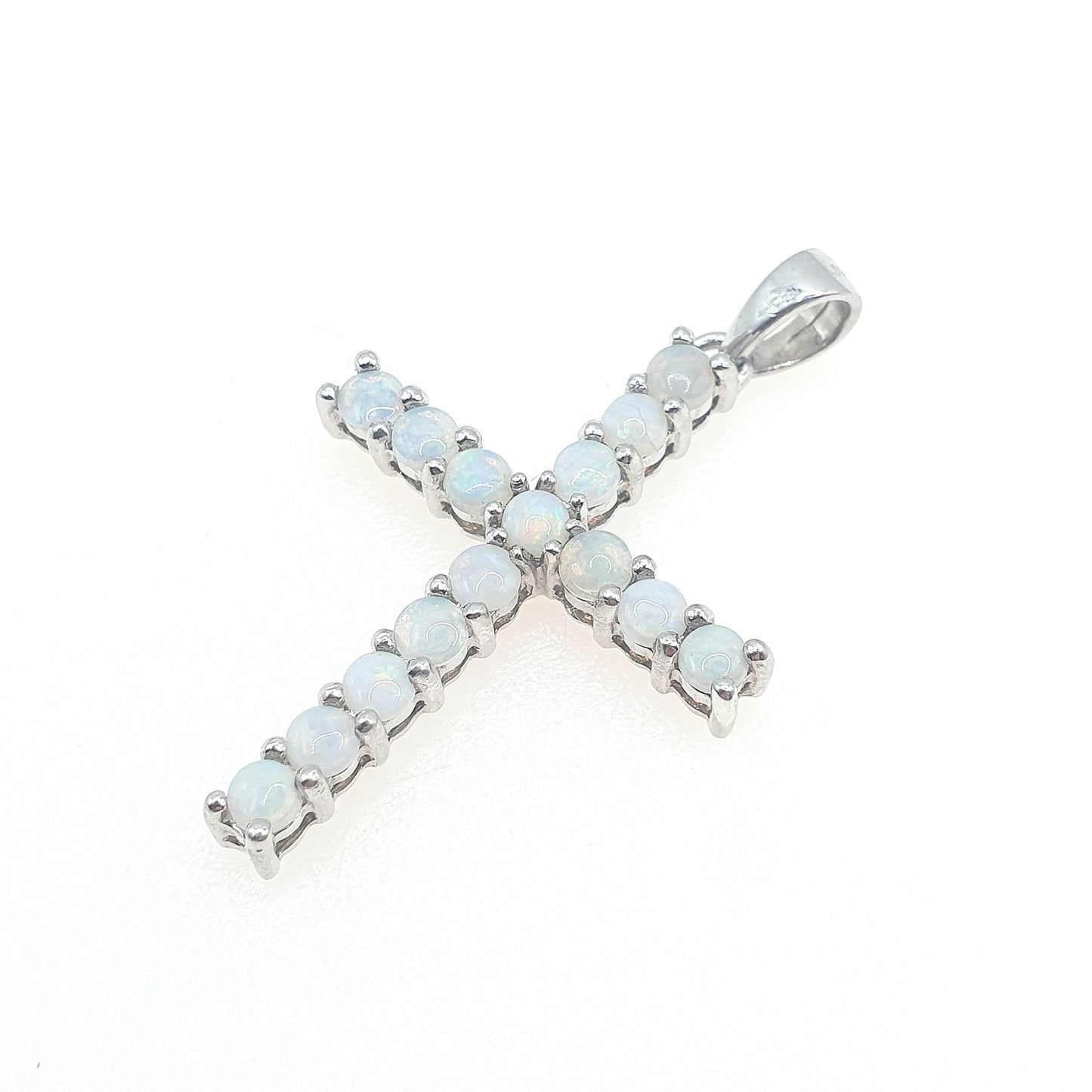 Vintage Sterling Silver Opal Cross Crucifix Pendant TGGC Real White Opals Necklace Catholic Christian Jewellery Jewelry Vintage Womens