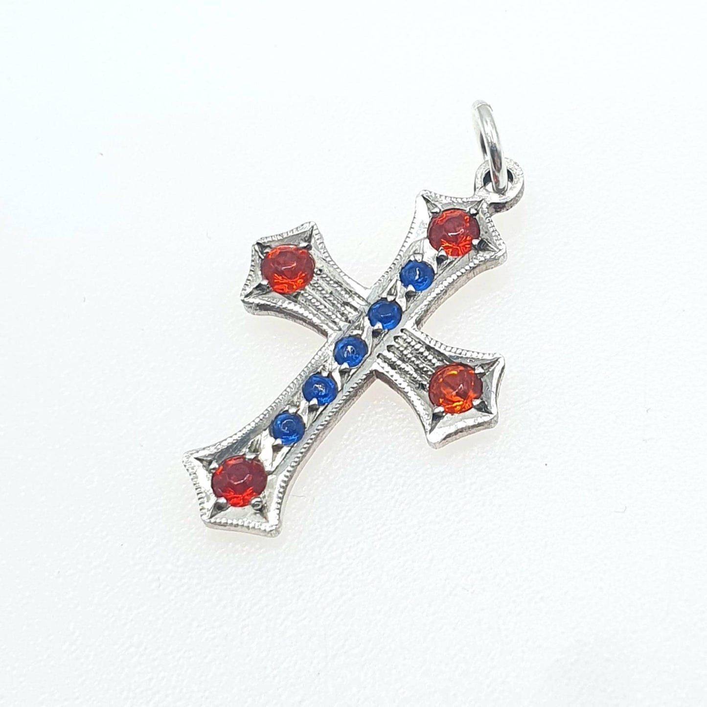 Antique Sterling Silver Ruby & Sapphire Paste Crucifix Necklace Pendant Cross Glass Vintage Womens Jewellery Jewelry