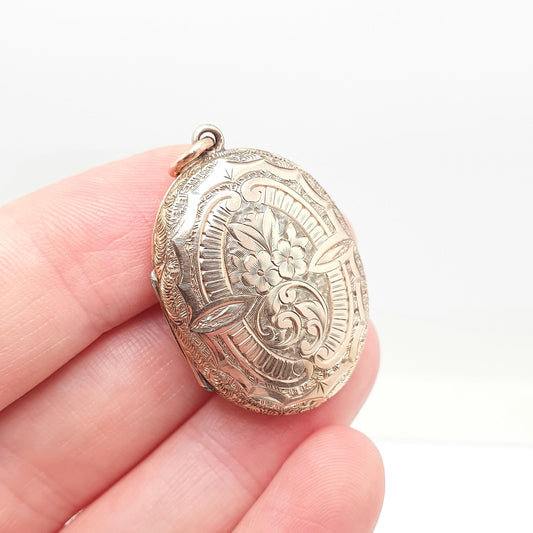 Antique 9ct Rose Gold Locket Oval Victorian Solid 9k 375 Back and Front Hand Engraved Pendant Necklace Jewelry Jewellery