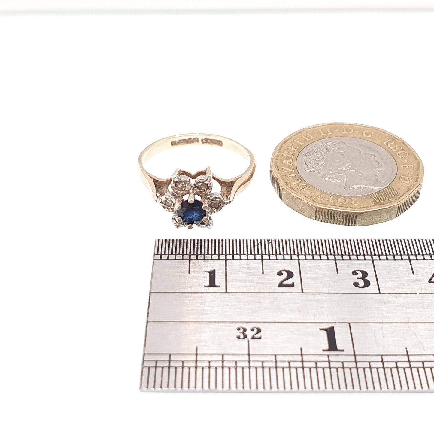 Vintage Sapphire & Diamond 9ct 9k Gold Ring Flower Star Cluster Solid 9kt Genuine Gemstone Retro Jewelry Jewellery