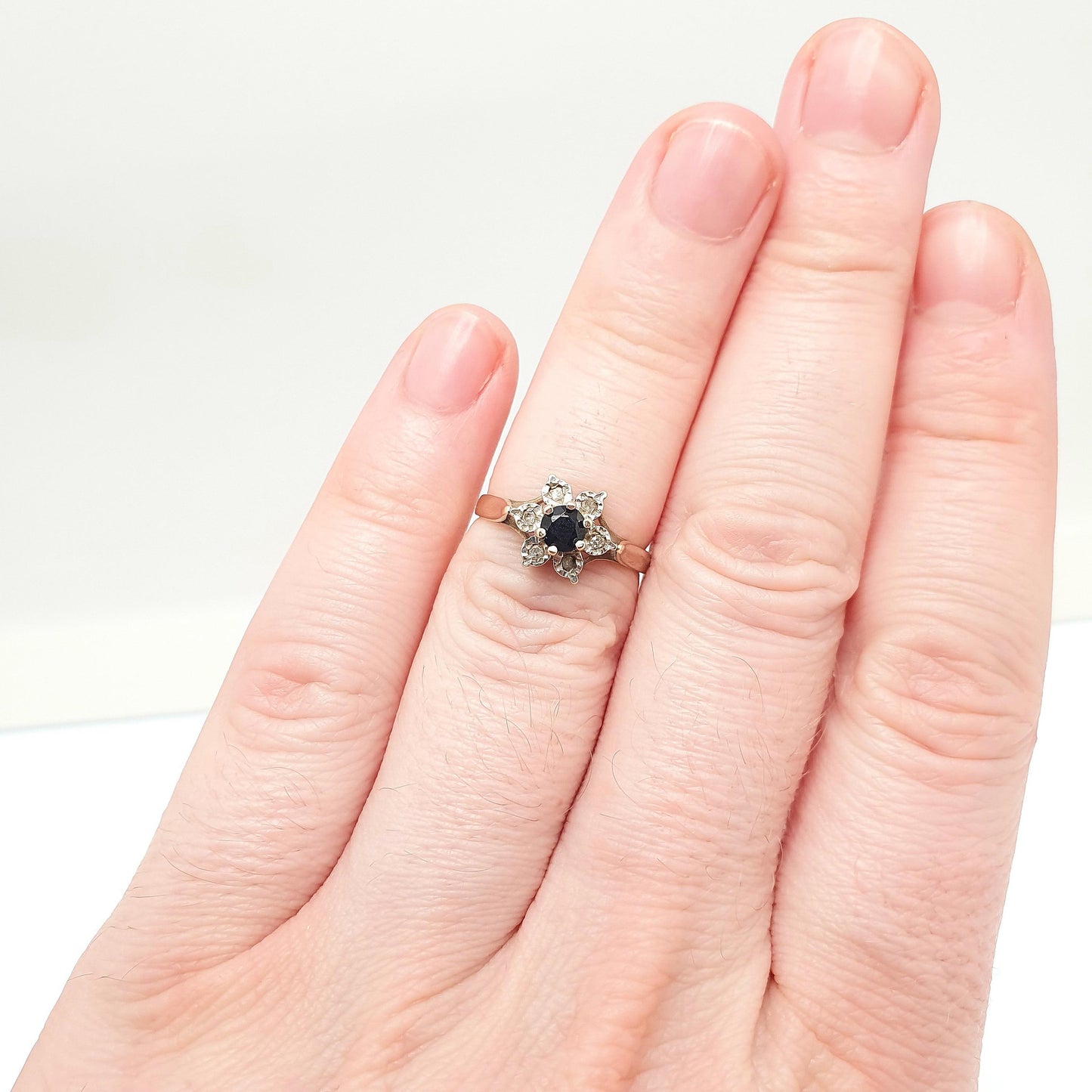 Vintage Sapphire & Diamond 9ct 9k Gold Ring Flower Star Cluster Solid 9kt Genuine Gemstone Retro Jewelry Jewellery
