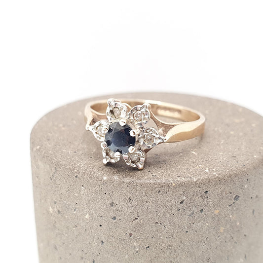 Vintage Sapphire & Diamond 9ct 9k Gold Ring Flower Star Cluster Solid 9kt Genuine Gemstone Retro Jewelry Jewellery