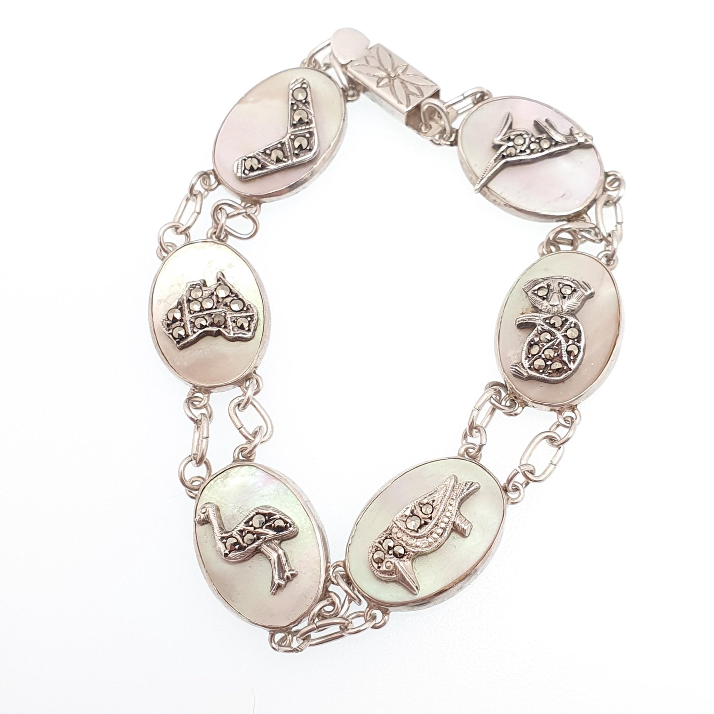 Antique Australian Sterling Silver Marcasite Bracelet Kangaroo Boomerang Emu Australia Art Deco Mother of Pearl 1920s Jewelry Jewellery