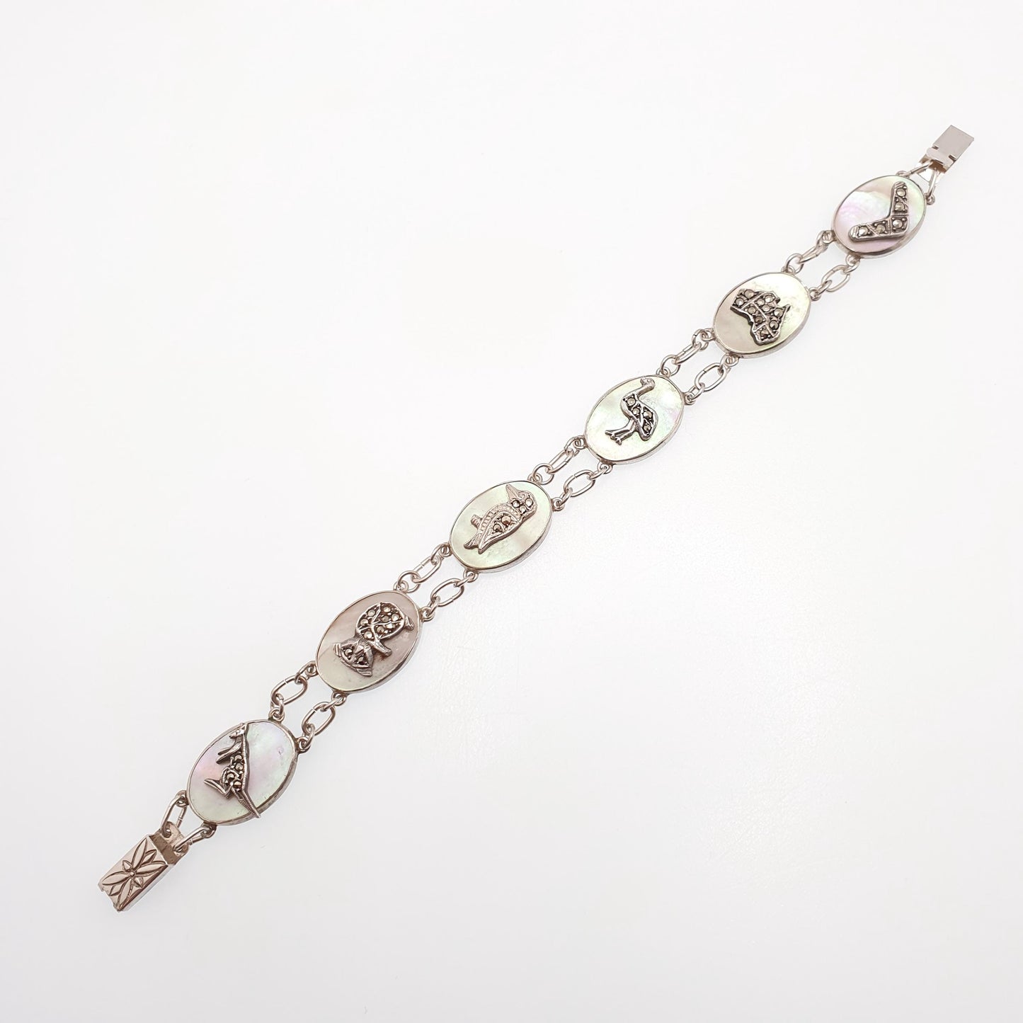 Antique Australian Sterling Silver Marcasite Bracelet Kangaroo Boomerang Emu Australia Art Deco Mother of Pearl 1920s Jewelry Jewellery