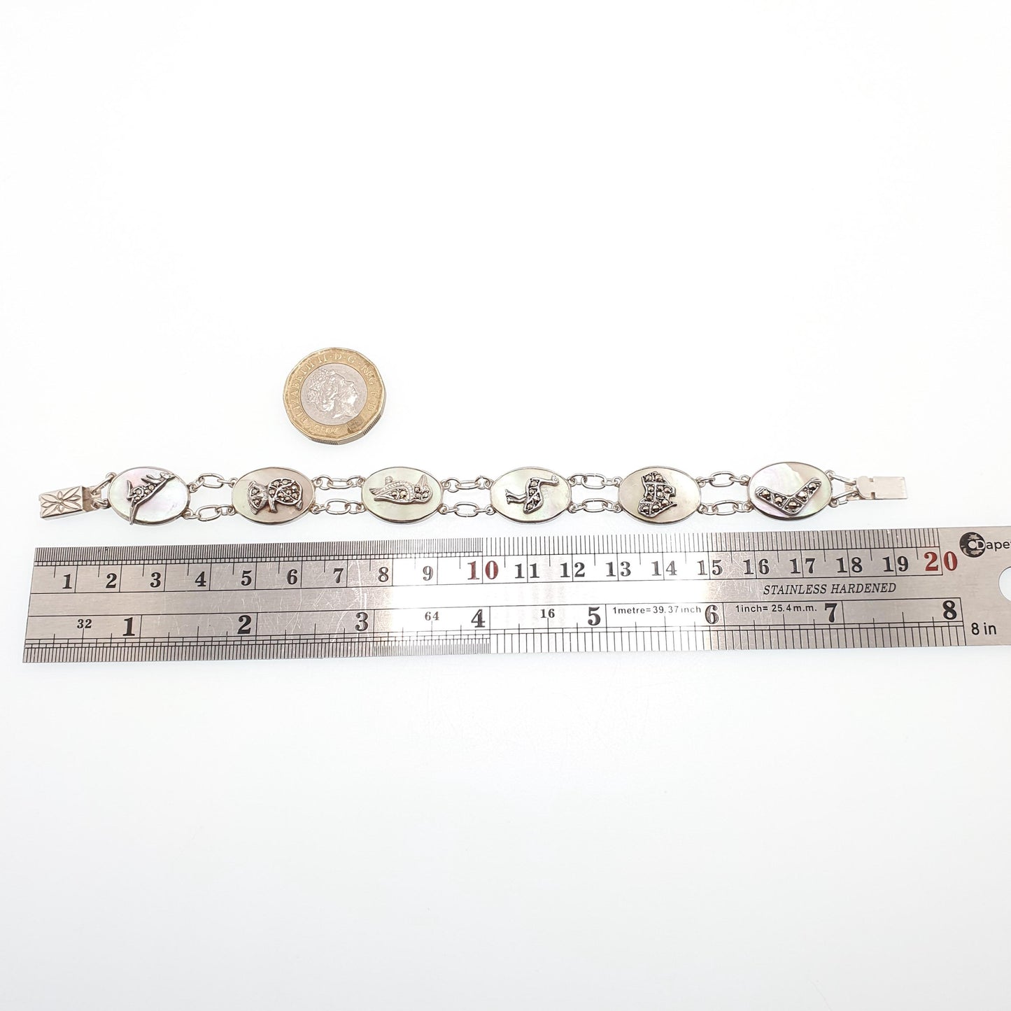 Antique Australian Sterling Silver Marcasite Bracelet Kangaroo Boomerang Emu Australia Art Deco Mother of Pearl 1920s Jewelry Jewellery