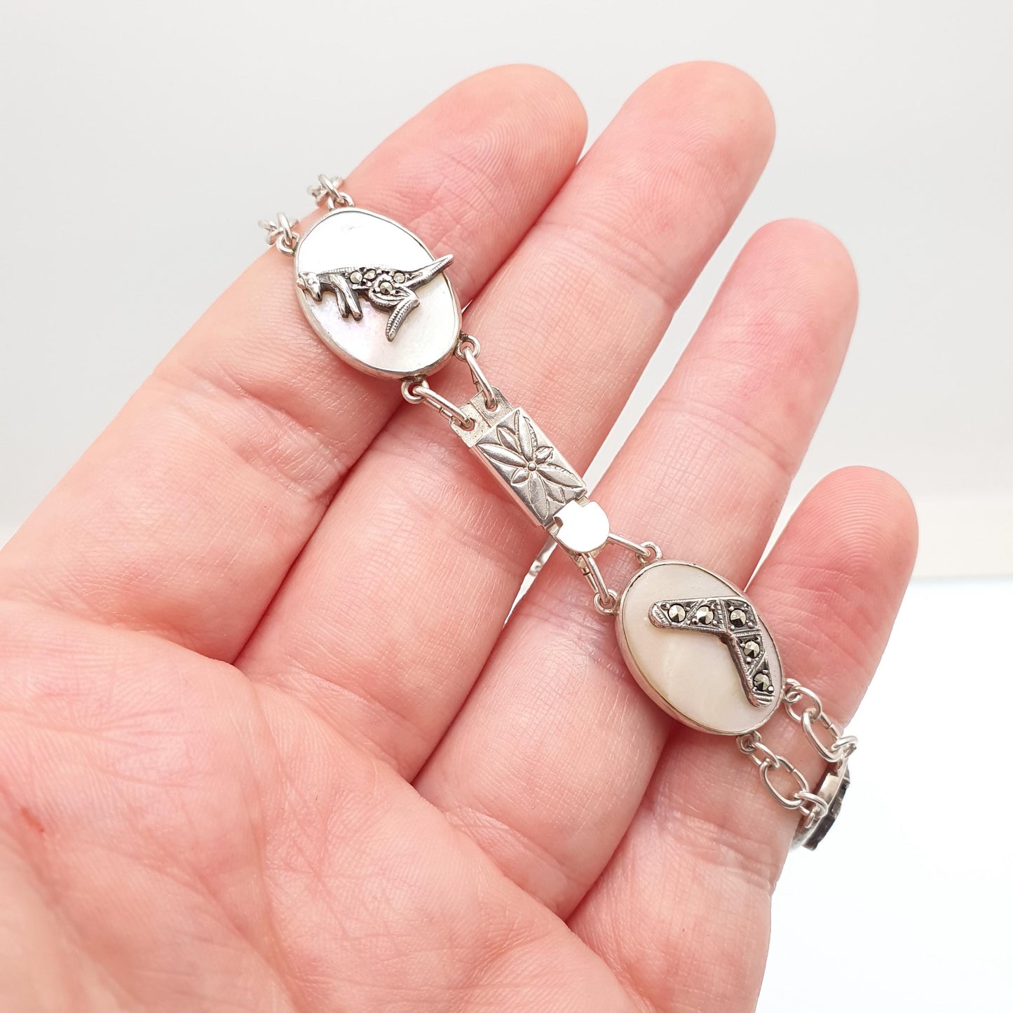 Antique Australian Sterling Silver Marcasite Bracelet Kangaroo Boomerang Emu Australia Art Deco Mother of Pearl 1920s Jewelry Jewellery