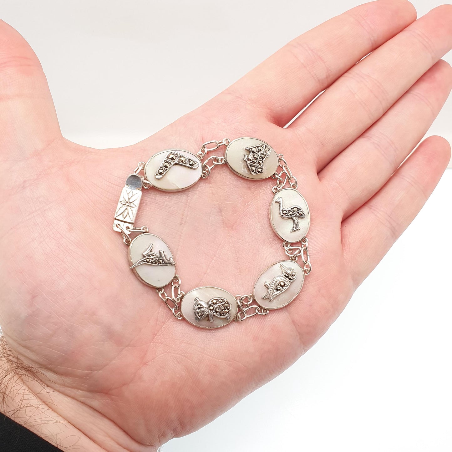 Antique Australian Sterling Silver Marcasite Bracelet Kangaroo Boomerang Emu Australia Art Deco Mother of Pearl 1920s Jewelry Jewellery