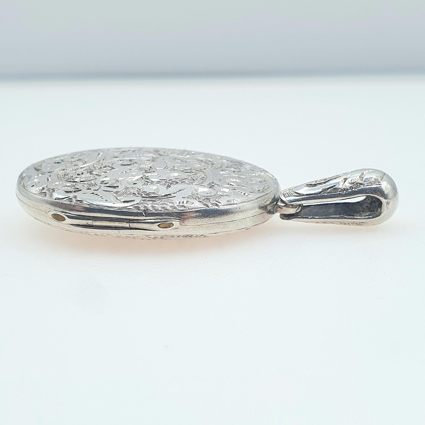 Antique Victorian Solid Silver Locket Large Oval Hand Engraved on Both Sides Photo Picture Vintage Womens Jewelry Jewellery