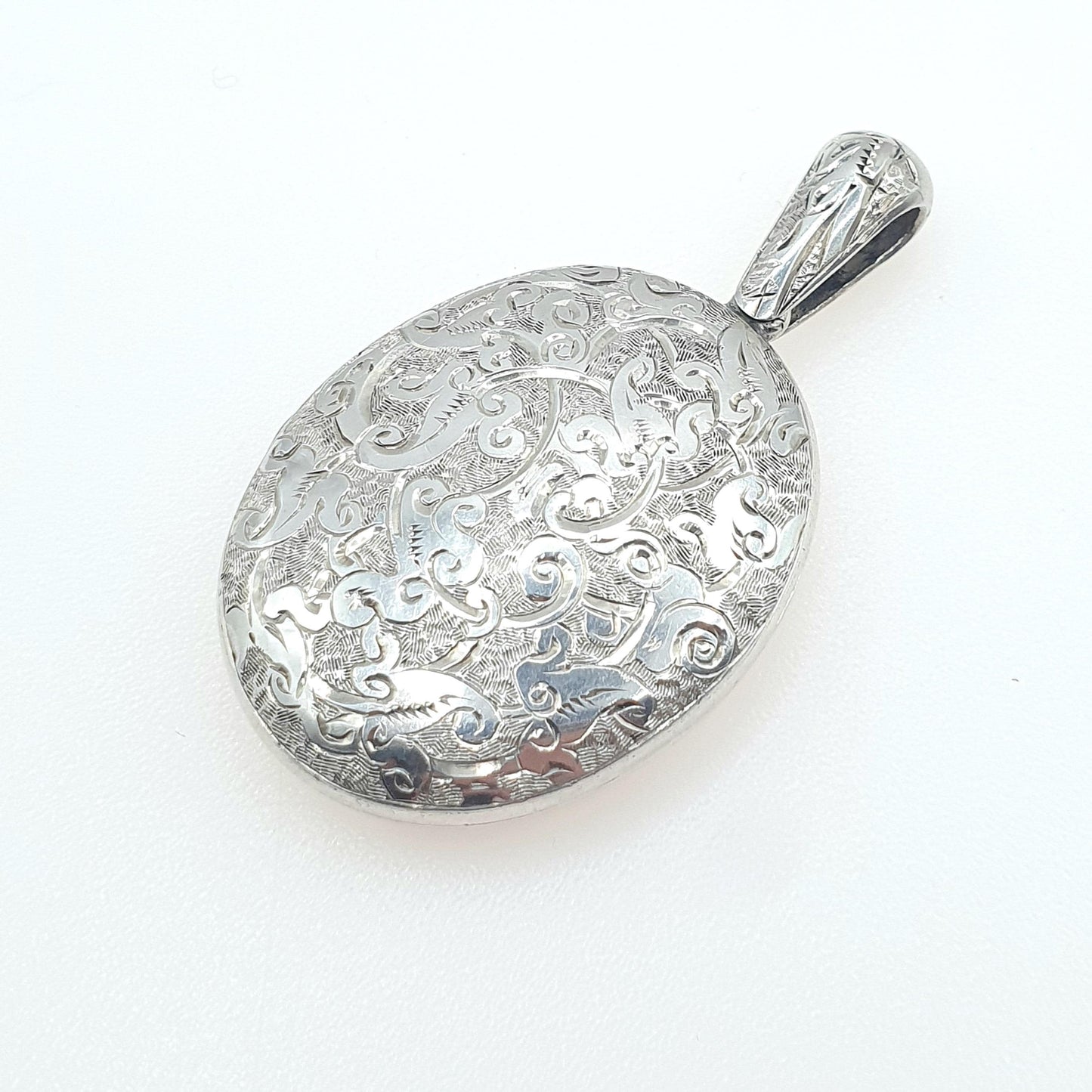 Antique Victorian Solid Silver Locket Large Oval Hand Engraved on Both Sides Photo Picture Vintage Womens Jewelry Jewellery