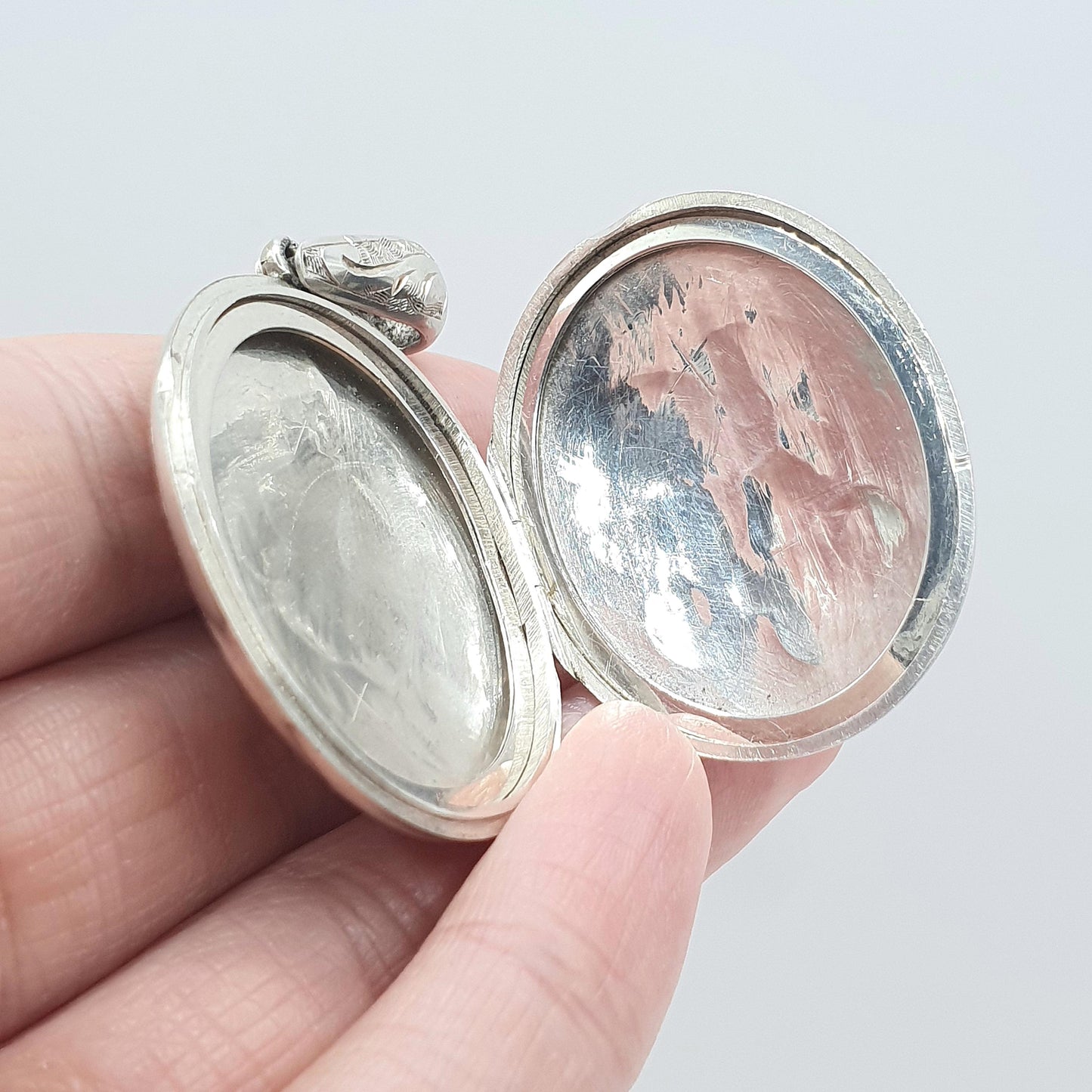 Antique Victorian Solid Silver Locket Large Oval Hand Engraved on Both Sides Photo Picture Vintage Womens Jewelry Jewellery
