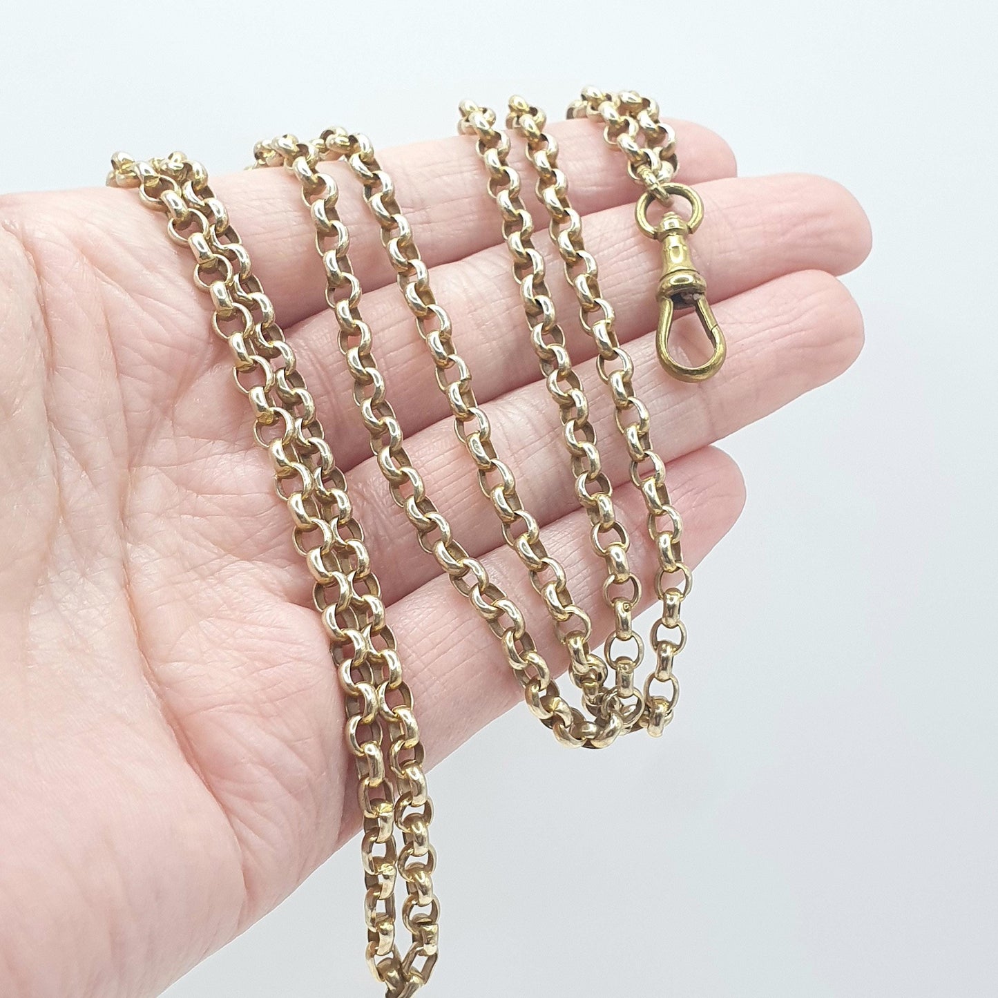 Antique Victorian Rolled Gold Muff Chain Necklace Dog Clip Guard Chain Belcher Link 25.39g 84cm Long Vintage Men’s Women’s Jewellery Jewelry