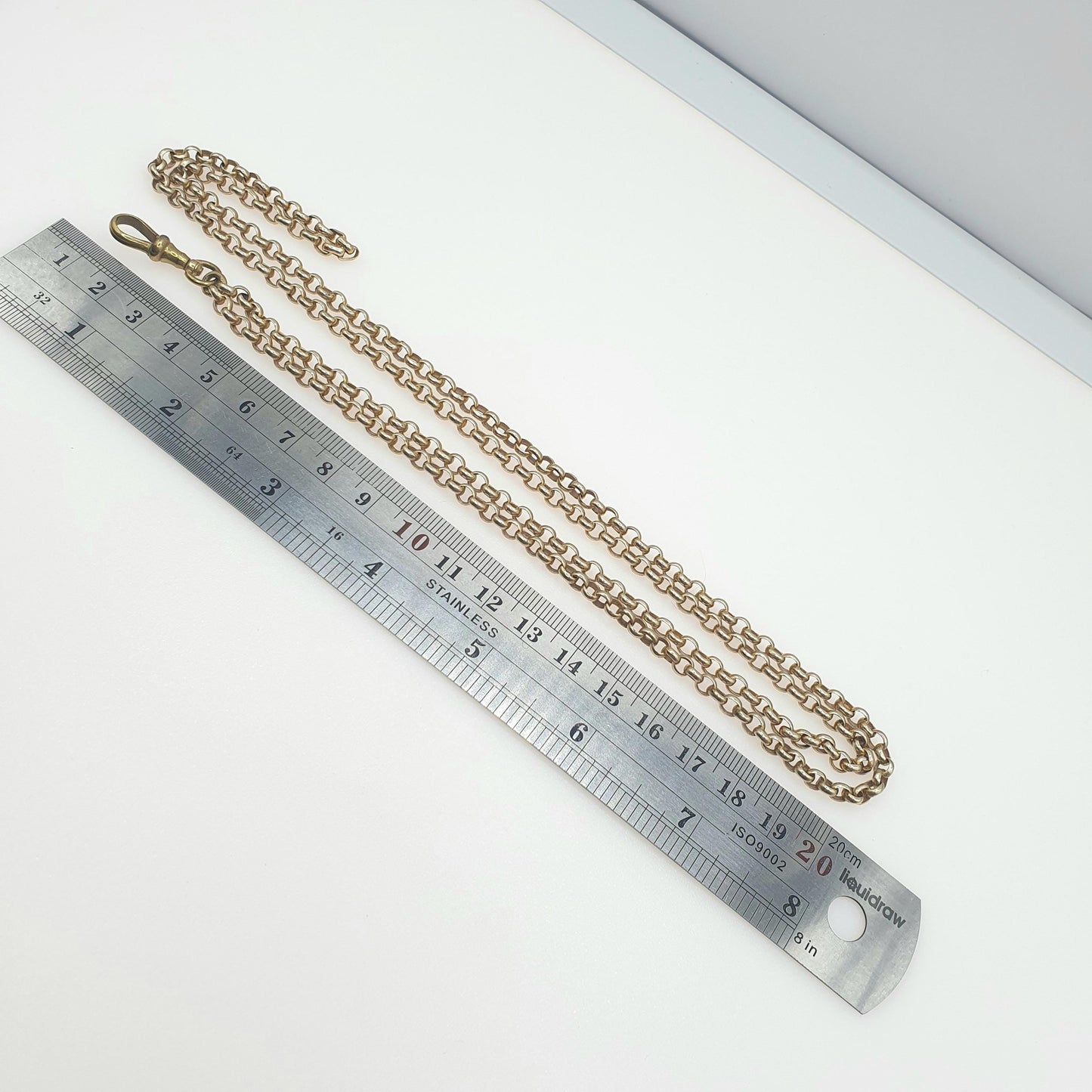Antique Victorian Rolled Gold Muff Chain Necklace Dog Clip Guard Chain Belcher Link 25.39g 84cm Long Vintage Men’s Women’s Jewellery Jewelry