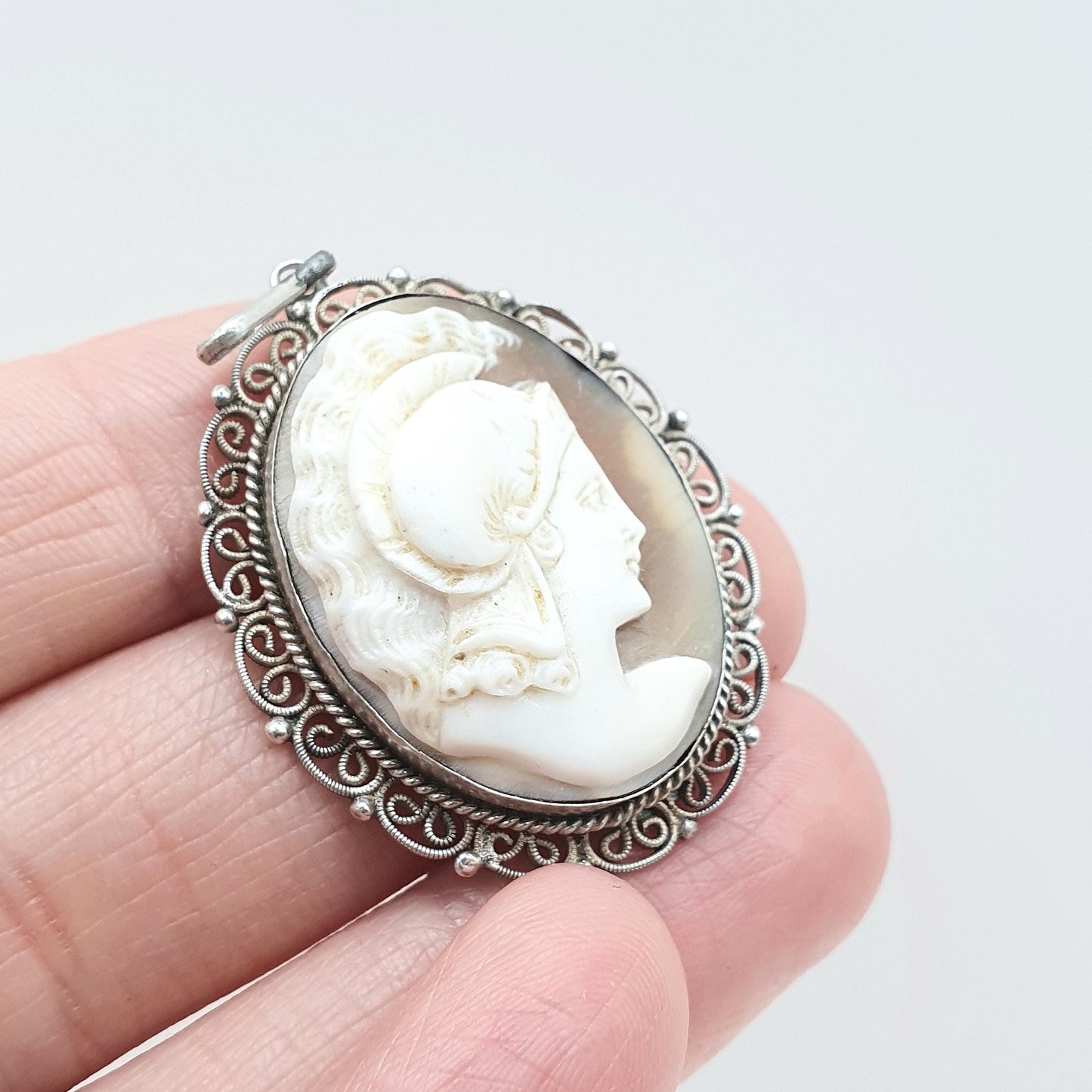 Antique Solid Silver Centurion Cameo Pendant Necklace Roman Soldier Filigree Border Handcarved Shell Vintage Women’s Jewellery Jewelry Men’s