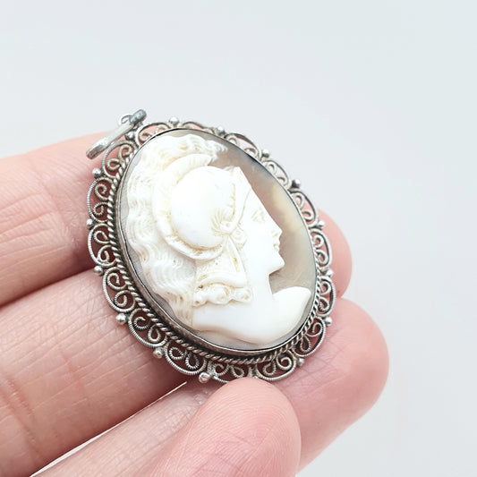 Antique Solid Silver Centurion Cameo Pendant Necklace Roman Soldier Filigree Border Handcarved Shell Vintage Women’s Jewellery Jewelry Men’s