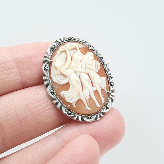 Antique Solid Silver Three Graces Cameo Brooch Pendant Necklace Art Deco Marcasite Hand Carved Shell Jewelry Jewellery Men’s Women