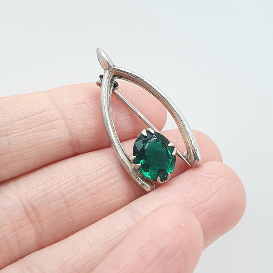 Antique Solid Silver Wishbone Brooch Emerald Paste Green Thanksgiving Good Luck Lucky Jewelry Jewellery Womens Mens Unisex