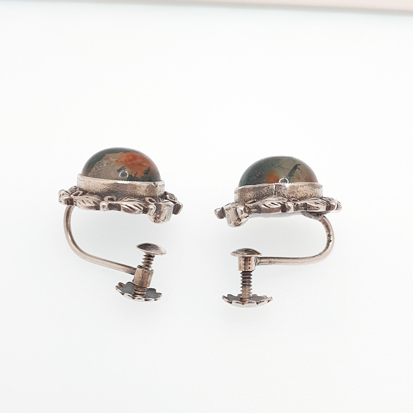 Antique Solid Silver Moss Agate Earrings Arts and Crafts Gemstone Bernard Instone Style Screw Back Veined Quartz Jewellery Jewelry