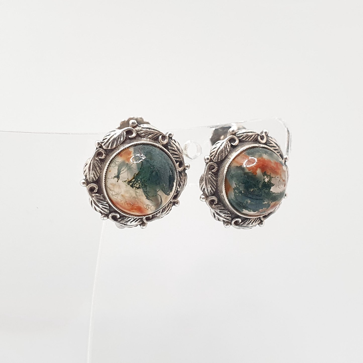 Antique Solid Silver Moss Agate Earrings Arts and Crafts Gemstone Bernard Instone Style Screw Back Veined Quartz Jewellery Jewelry