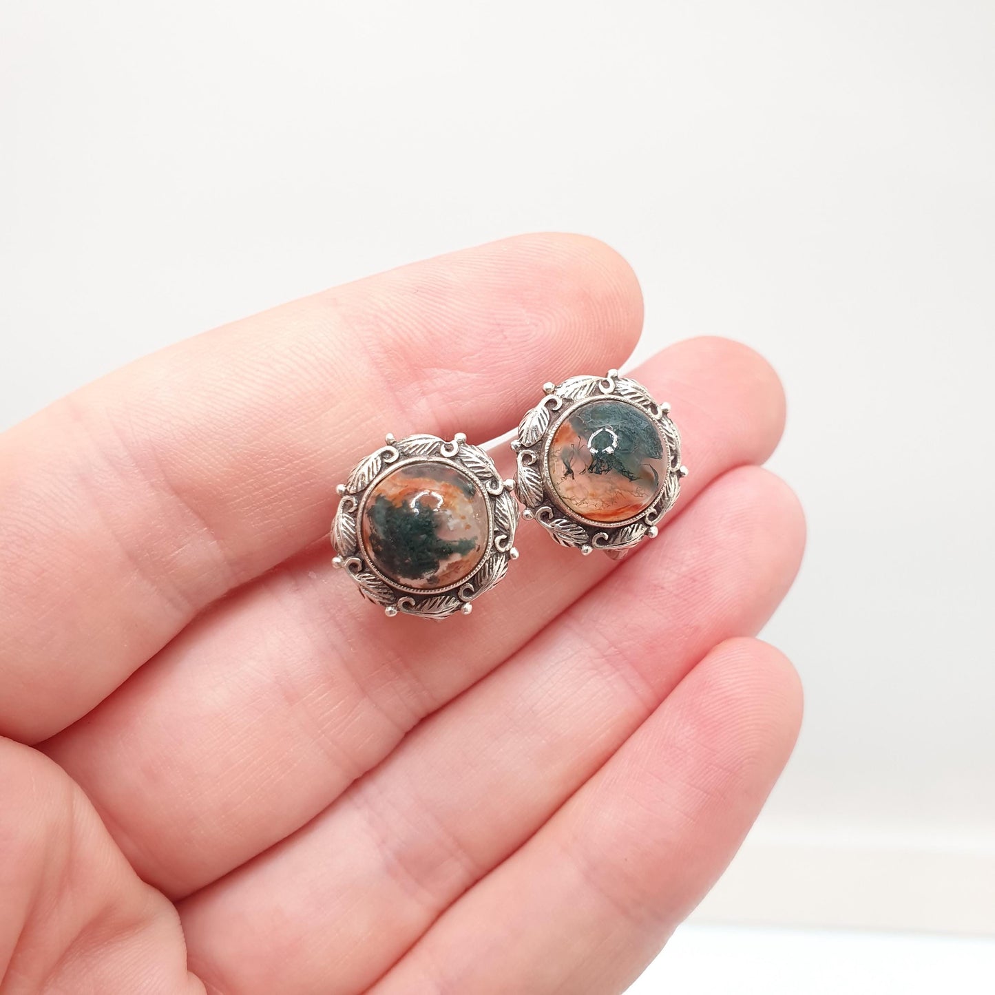Antique Solid Silver Moss Agate Earrings Arts and Crafts Gemstone Bernard Instone Style Screw Back Veined Quartz Jewellery Jewelry