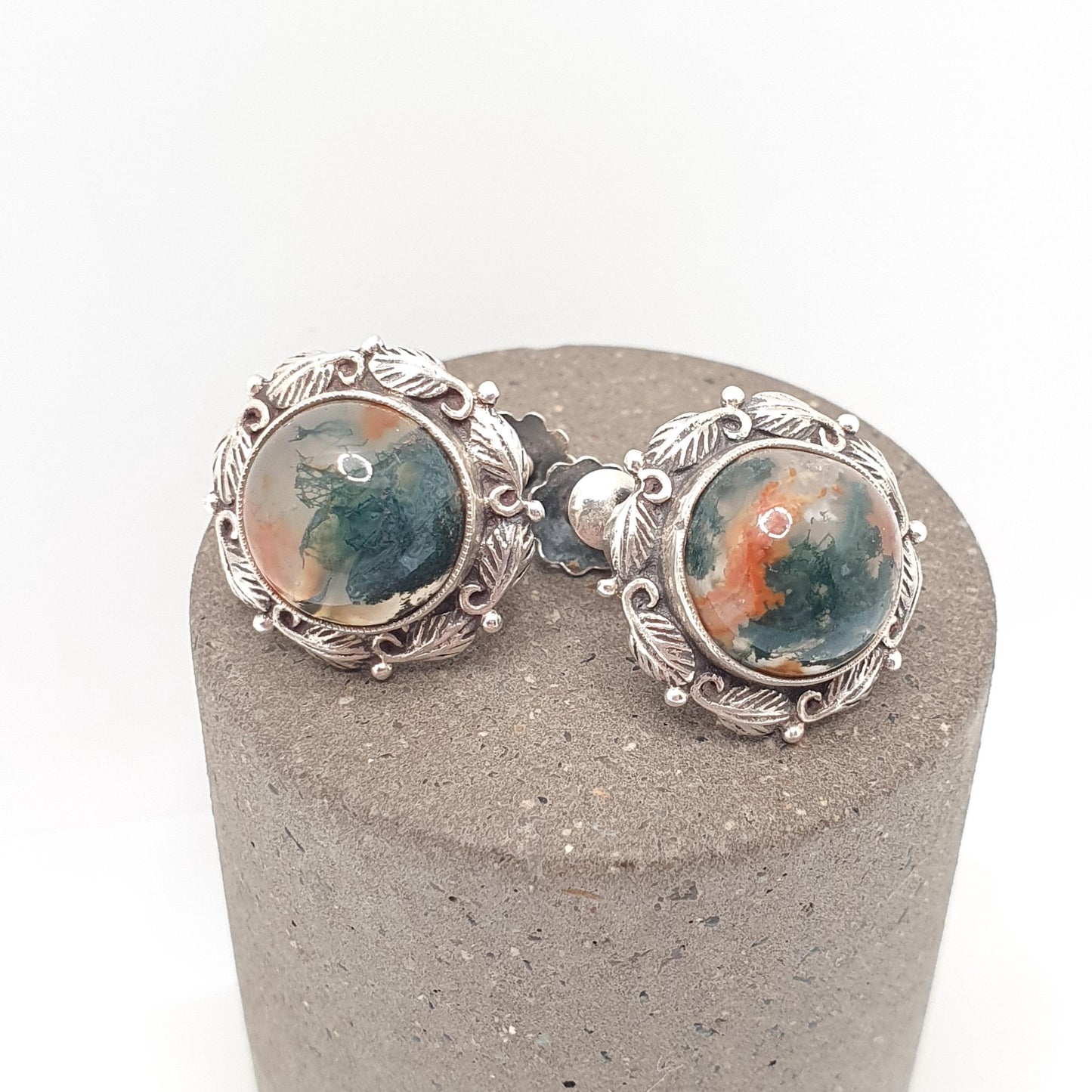 Antique Solid Silver Moss Agate Earrings Arts and Crafts Gemstone Bernard Instone Style Screw Back Veined Quartz Jewellery Jewelry