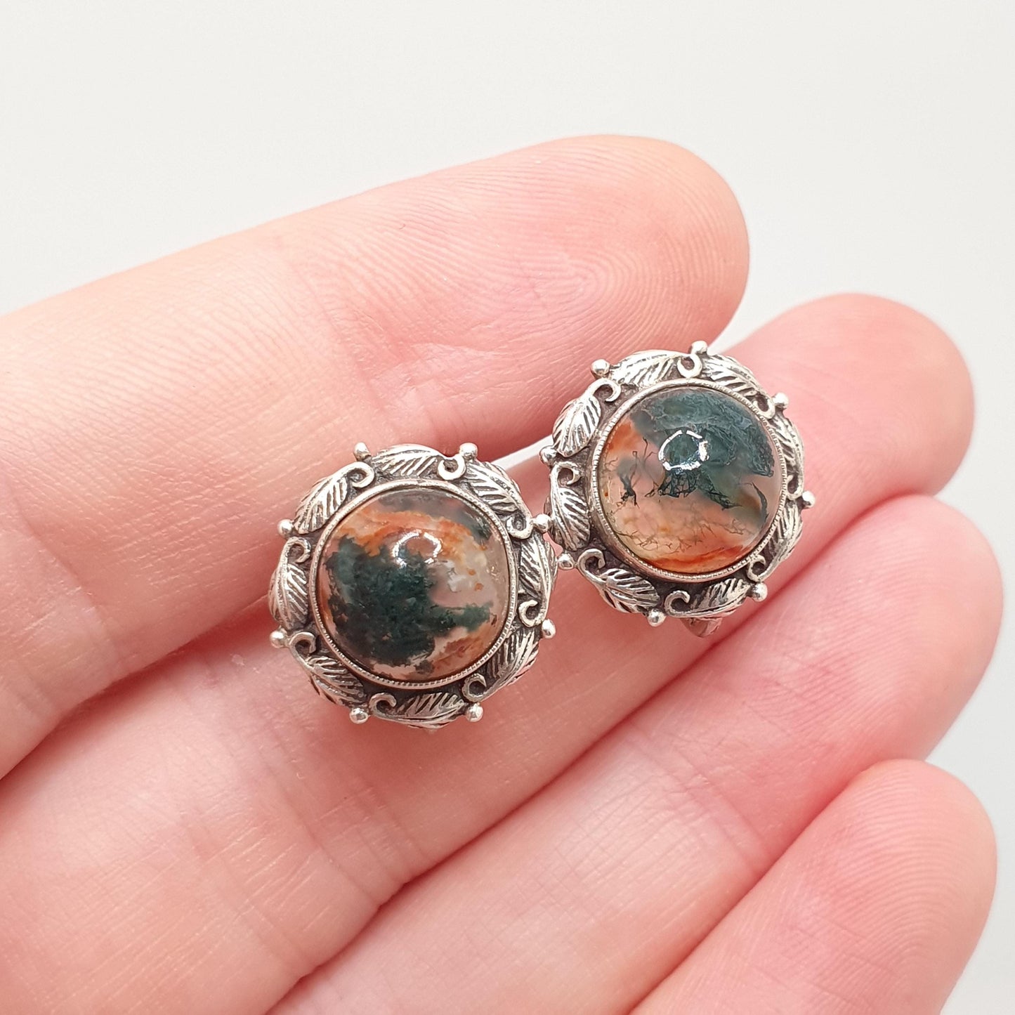 Antique Solid Silver Moss Agate Earrings Arts and Crafts Gemstone Bernard Instone Style Screw Back Veined Quartz Jewellery Jewelry