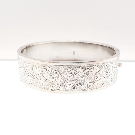 Antique Victorian Sterling Silver Snap Bracelet Bangle Leaf Hand Engraved Pattern 21.94g Vintage Womens Jewelry Jewellery