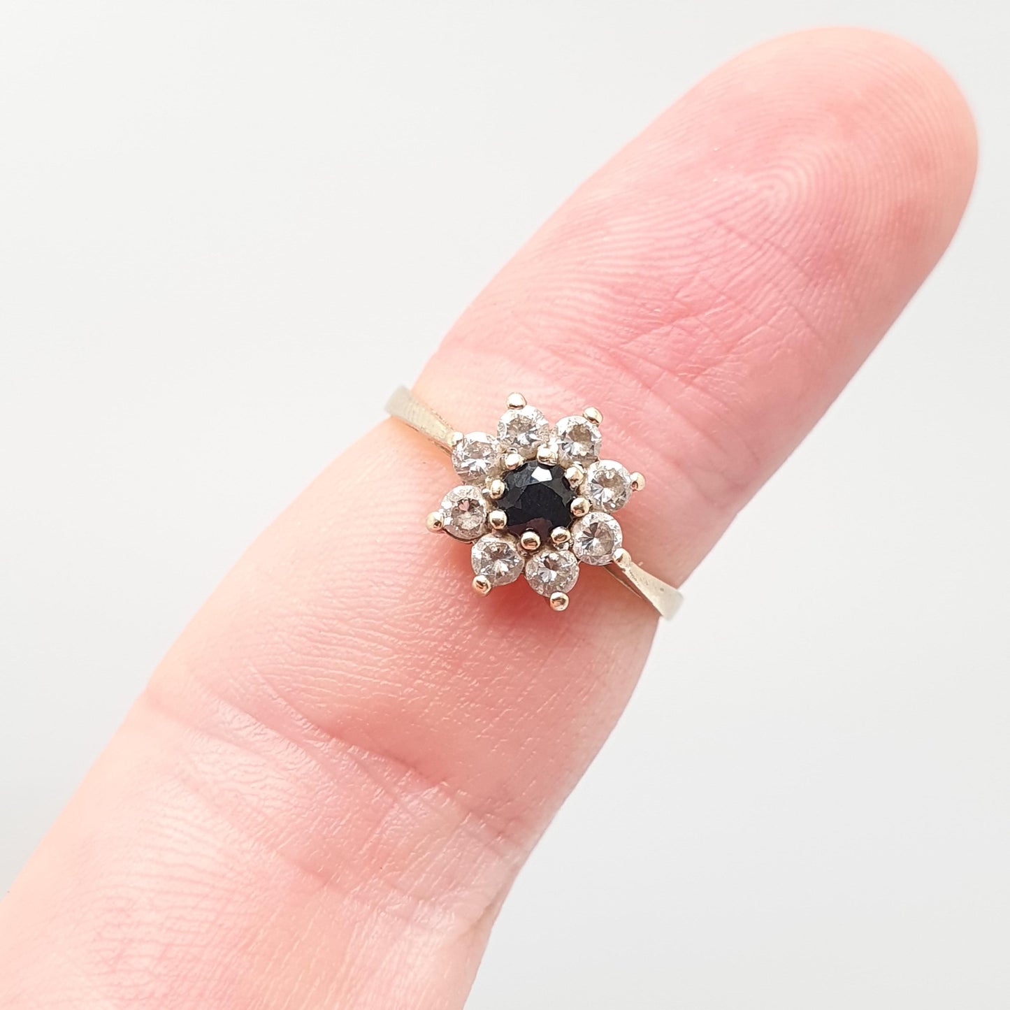 Vintage 9ct 9kt Gold Sapphire Halo Ring CZ Cluster Large Big Dark Blue Sparkly Gemstone Solid Womens Jewelry Jewellery