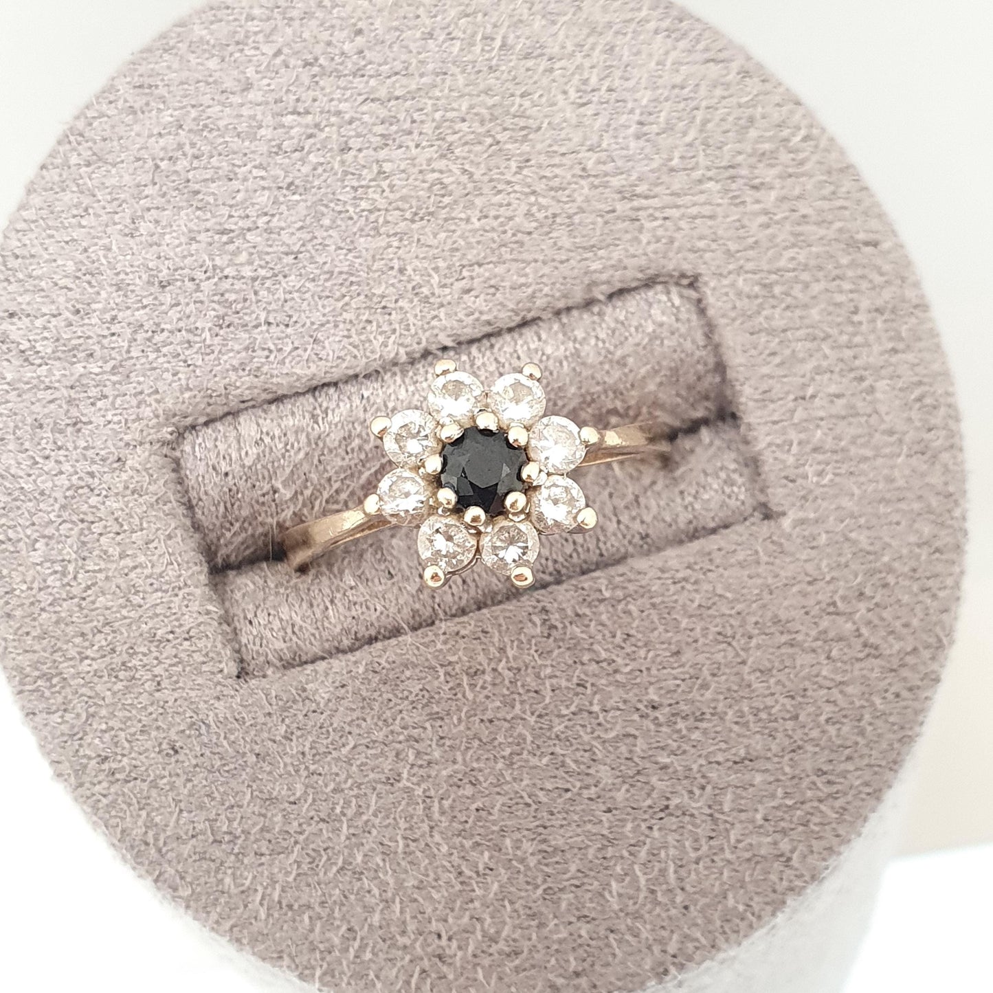 Vintage 9ct 9kt Gold Sapphire Halo Ring CZ Cluster Large Big Dark Blue Sparkly Gemstone Solid Womens Jewelry Jewellery